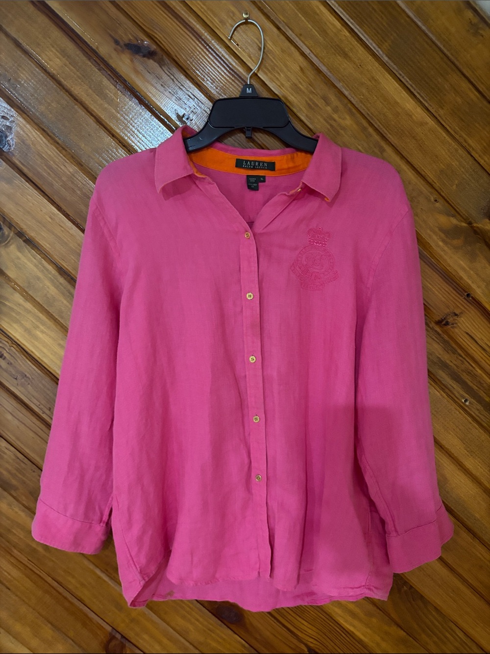 Lauren Ralph Lauren Fuchsia & Orange Linen Shirt XL Gold Hardware
